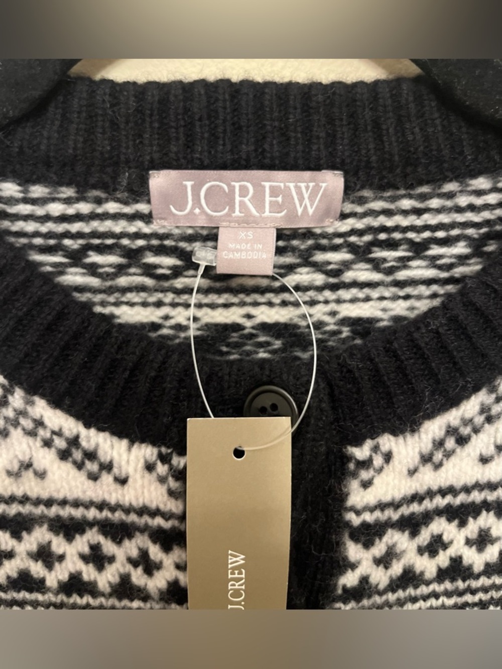 NWT $178 J. Crew Fair Isle Cardigan 100% Lambs Wool Women's Size XS Black Ivory - Picture 3 of 9